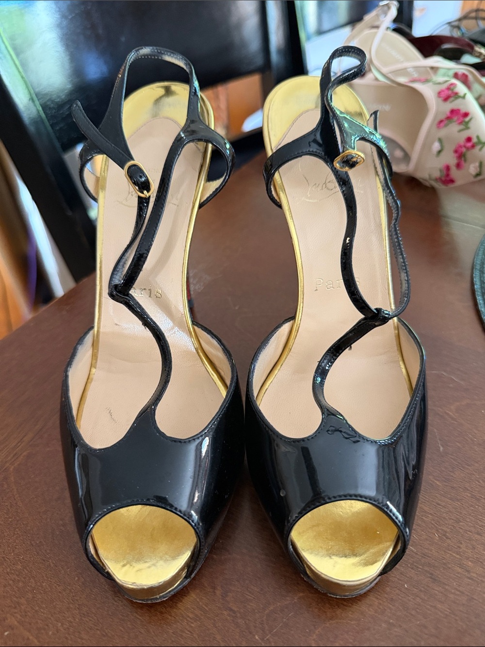Christian Louboutin Black Patent Gold-Trim Peep-Toe T-Strap Heels